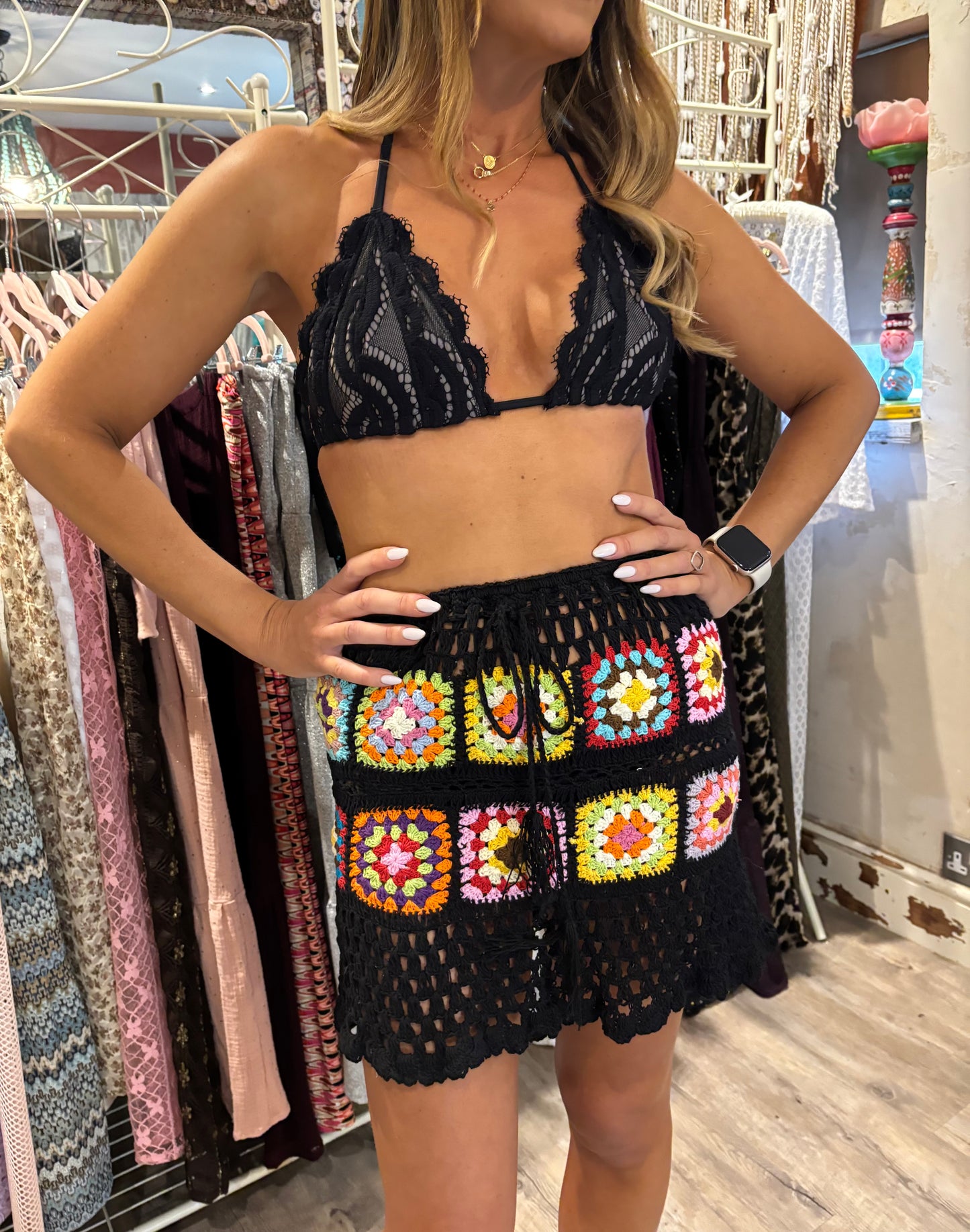 Crochet mini patchwork skirt