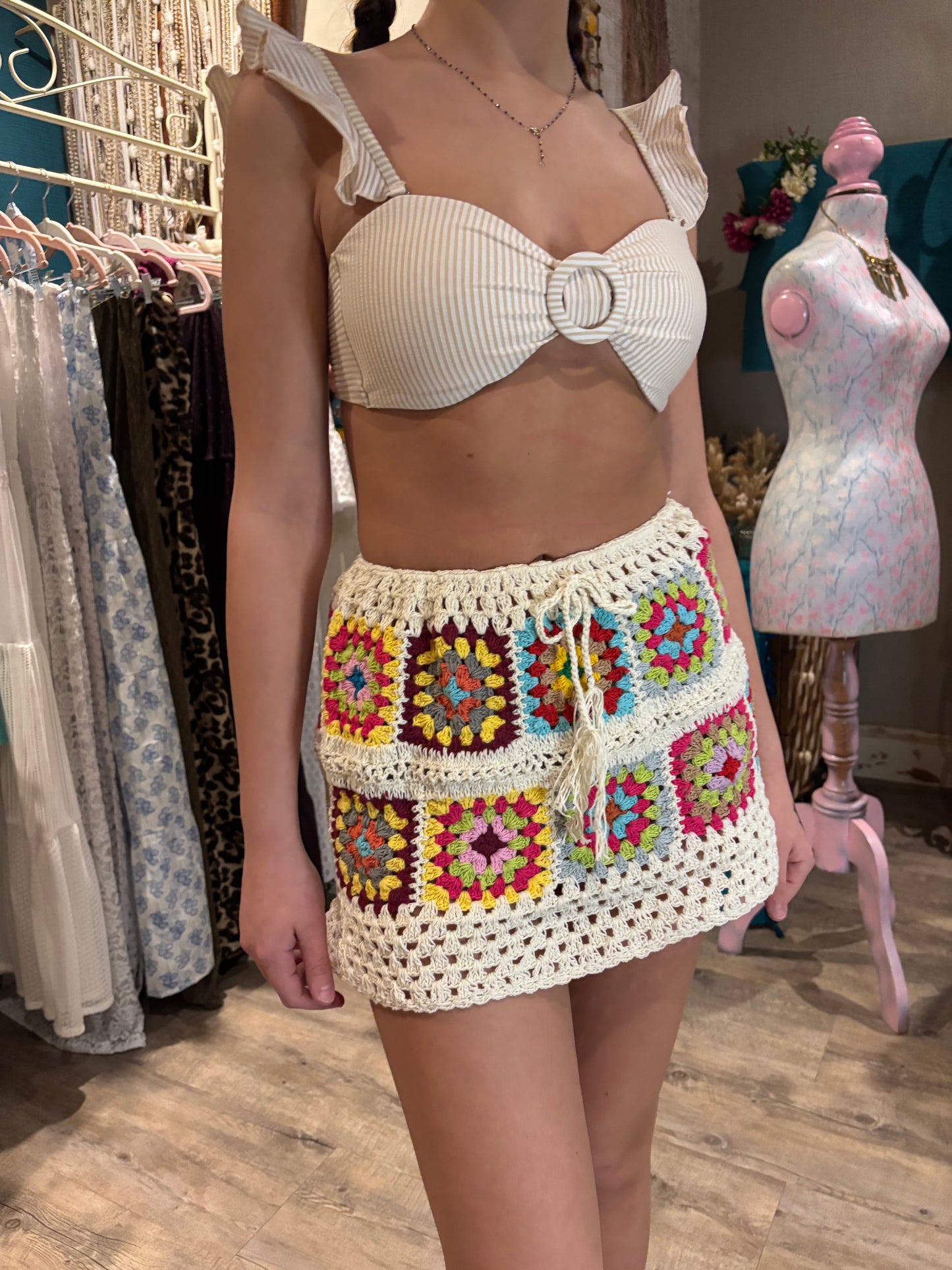 Crochet mini patchwork skirt