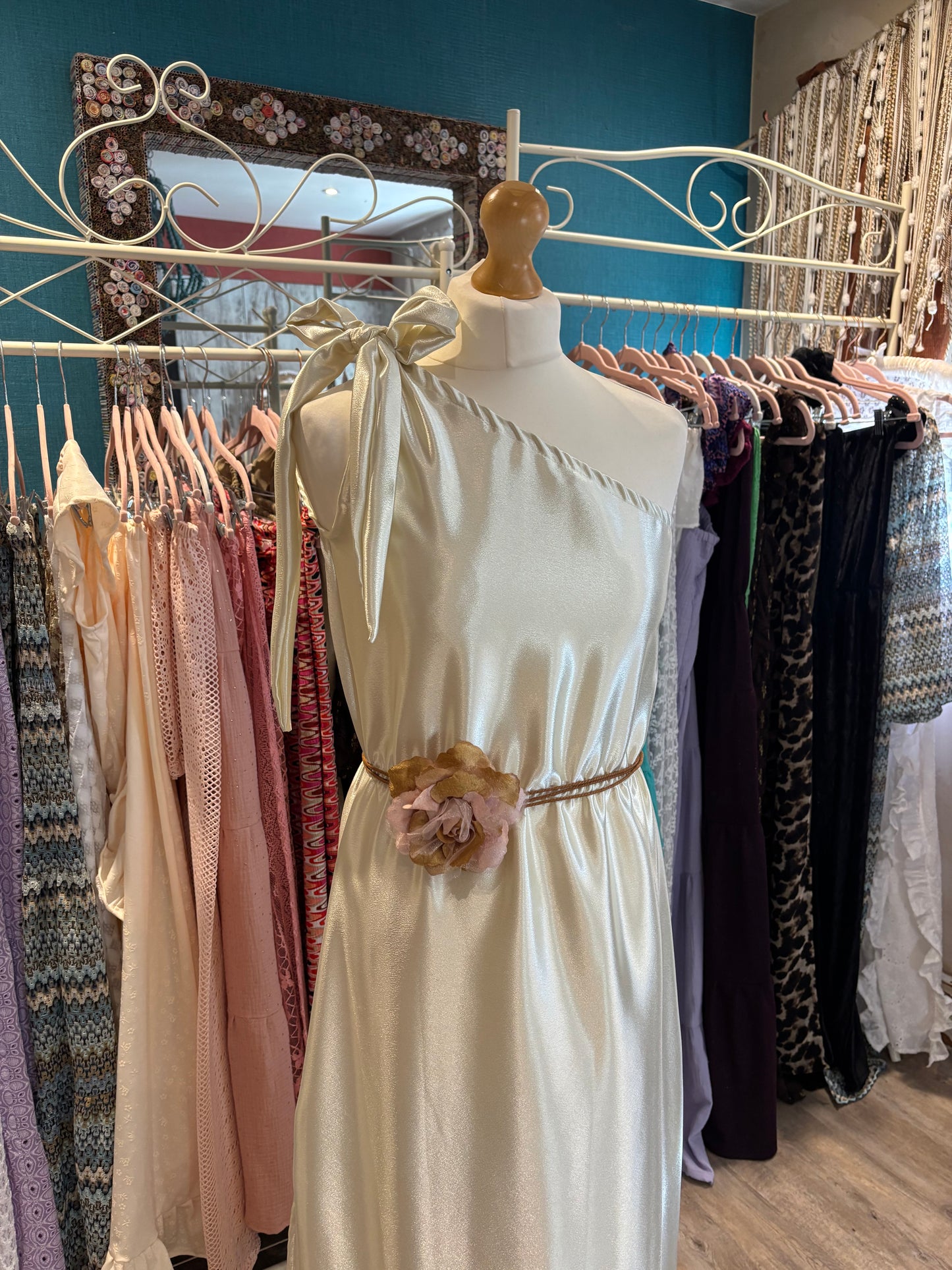 One shoulder satin evening dress