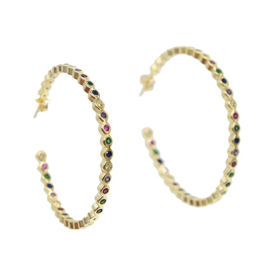 Gold multi coloured stone hoops