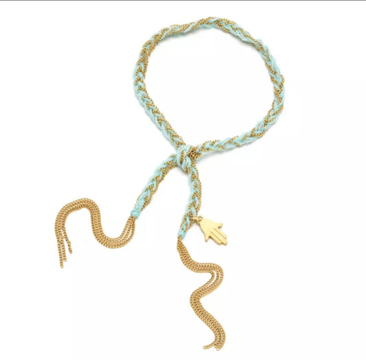 Aqua and gold thread bracelet