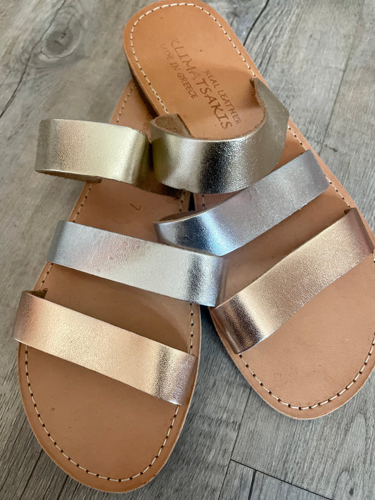 Three colour metallic leather sandals